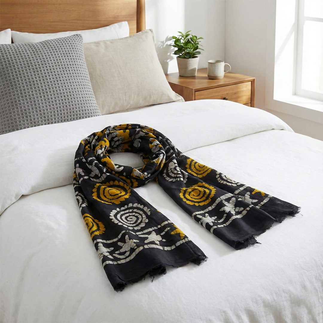 Block Printed Cotton Scarf with Swirl & Floral Design