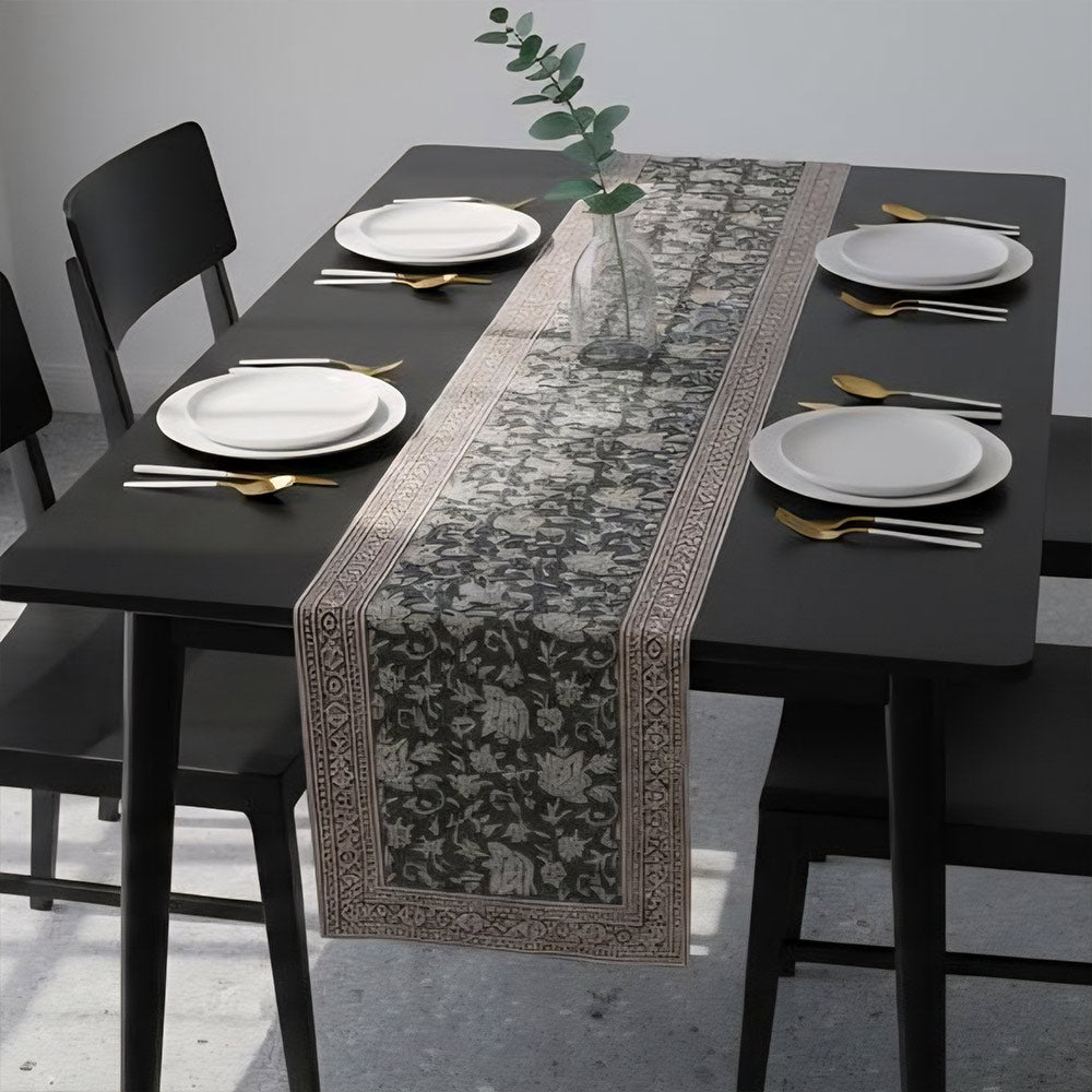 Elegant Block Printed Floral Black & White Table Runner