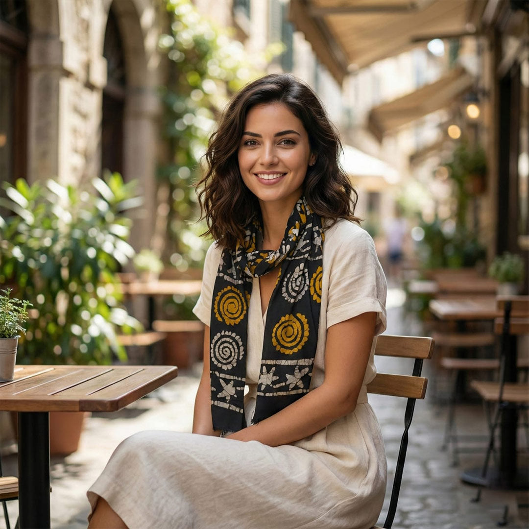 Block Printed Cotton Scarf with Swirl & Floral Design