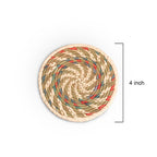 Round woven mat with a 4-inch measurement label on a white background