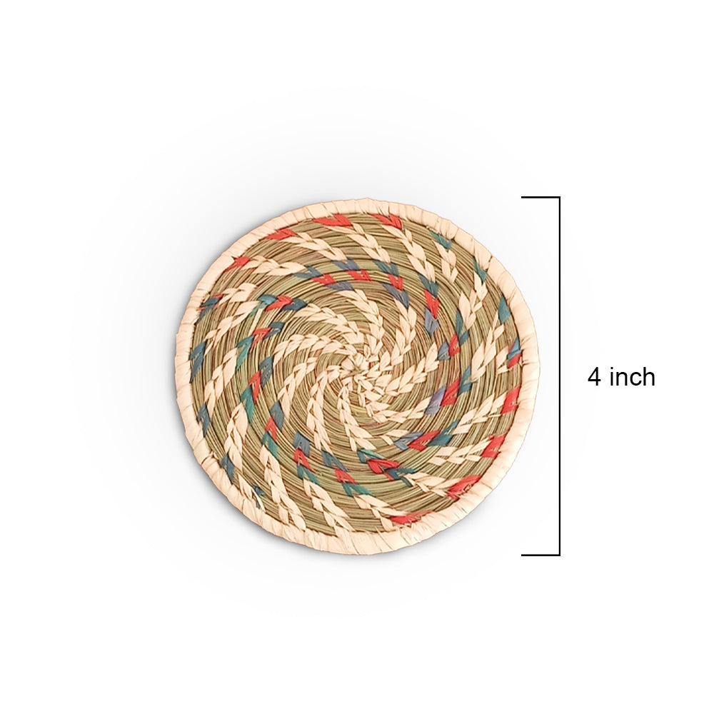 Round woven mat with a 4-inch measurement label on a white background