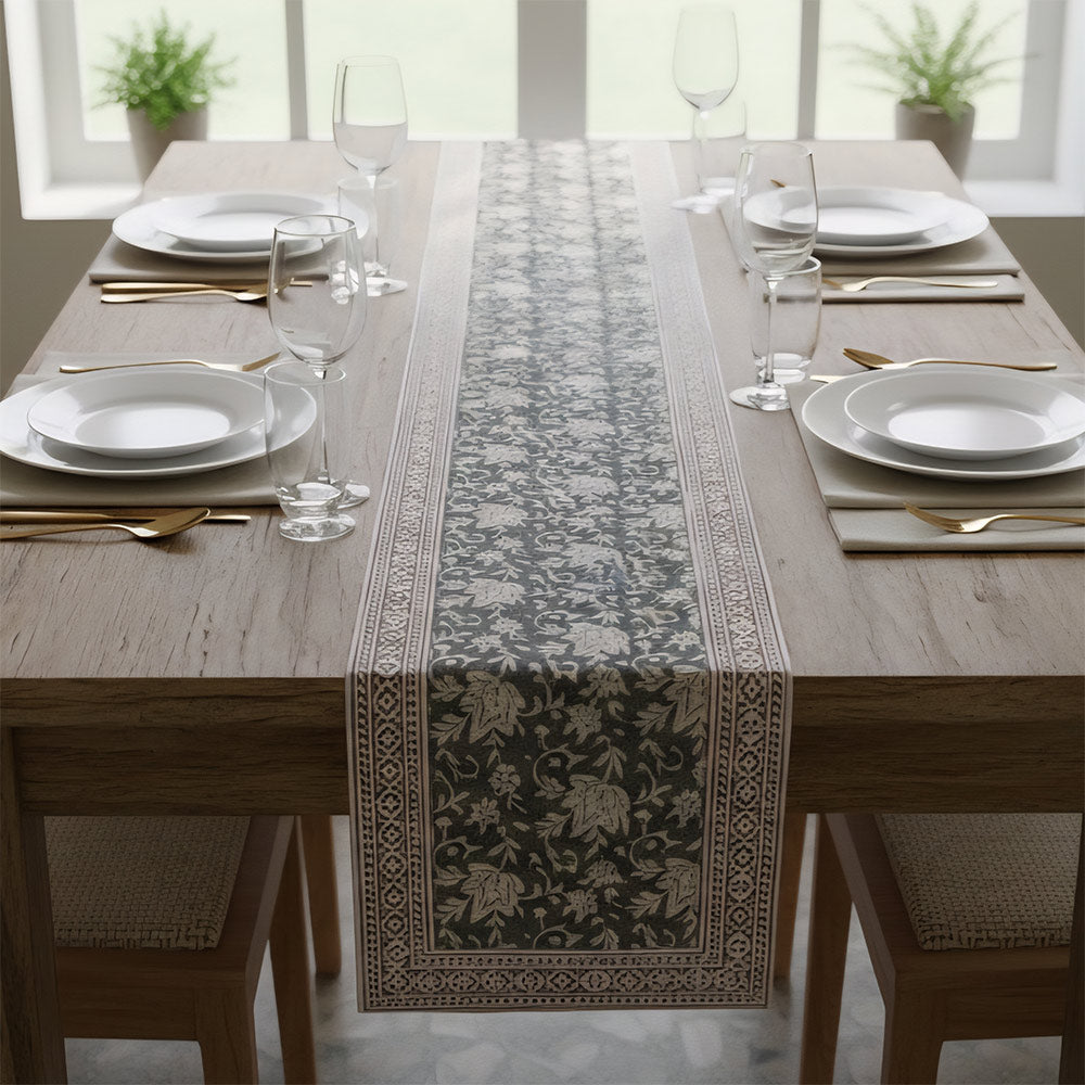 Elegant Block Printed Floral Black & White Table Runner