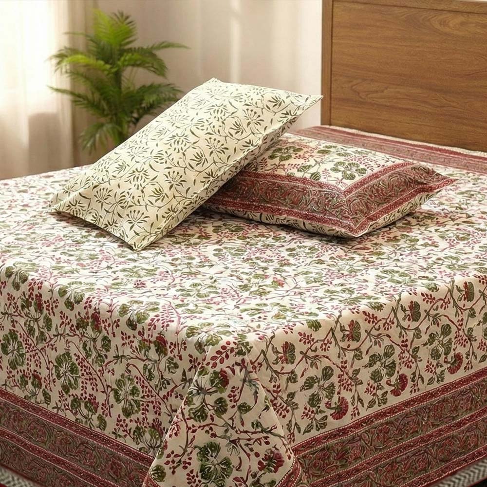 Bagru Botanical Block Print Bedsheet Set - Madhues
