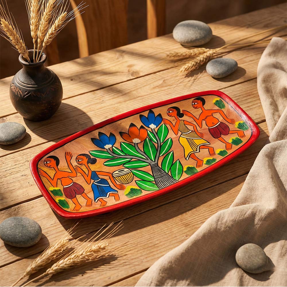 Pattachitra Art Wooden Tray - Traditional Folk Dance Design