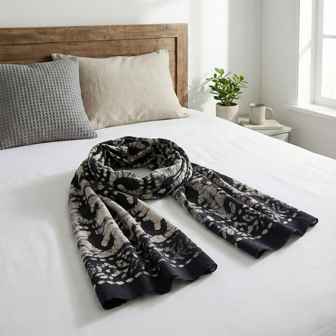 Block Printed Cotton Scarf - Black & White Abstract Design