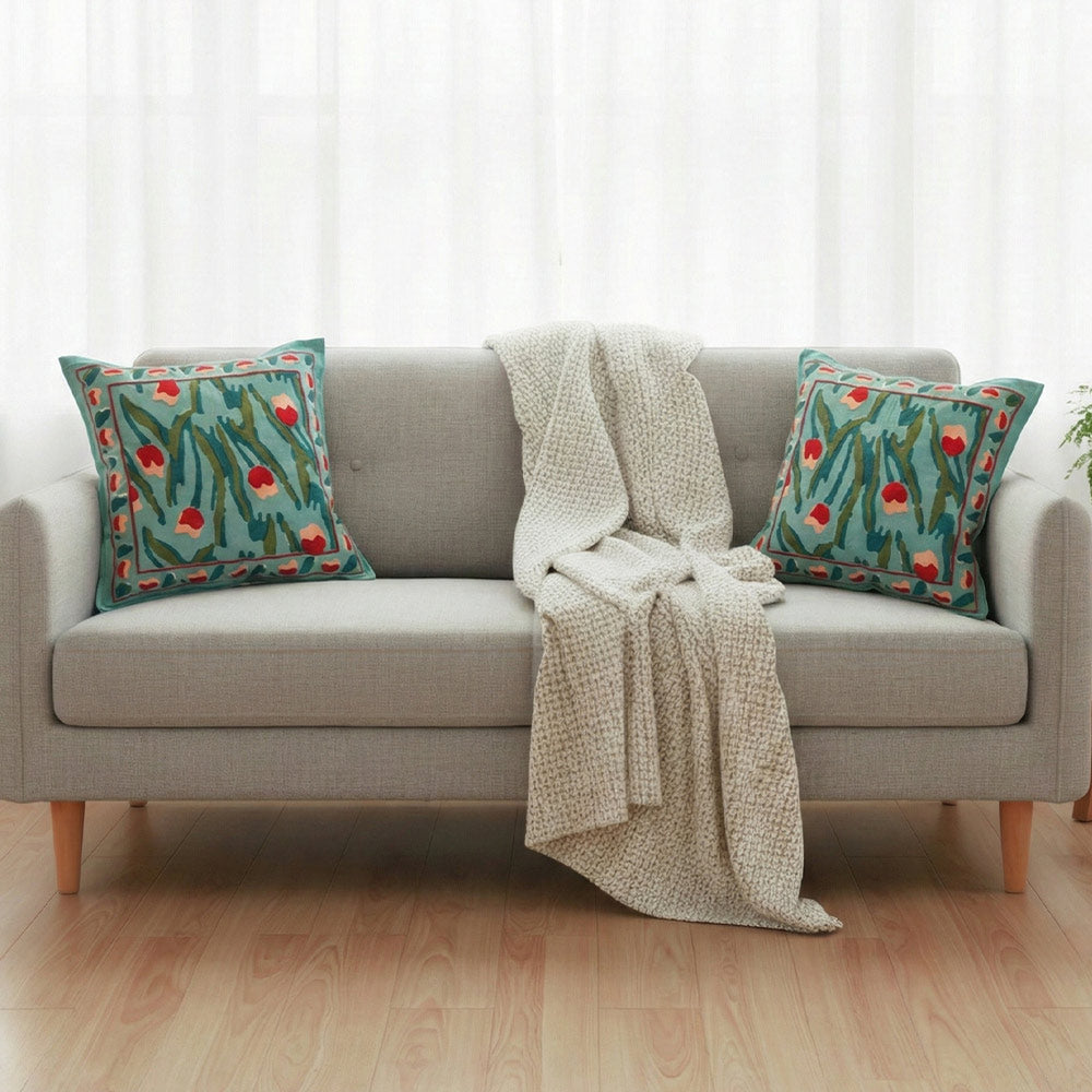 Teal Tulip Block Print Cushion Cover Set of 2 - Madhues