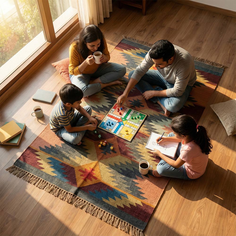 Artisan Hand-Woven Geometric Durrie Rug with Fringed Edges