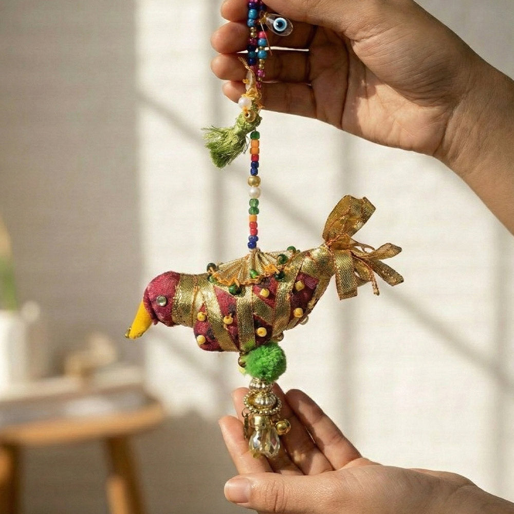 Intricate Beaded Fabric Bird Hanging - Madhues