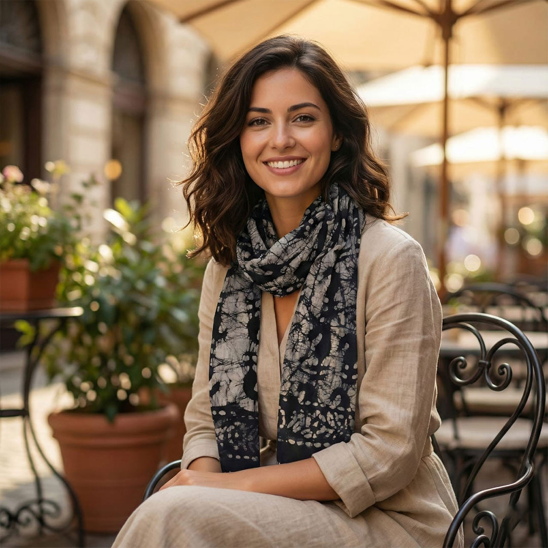 Block Printed Cotton Scarf - Black & White Abstract Design