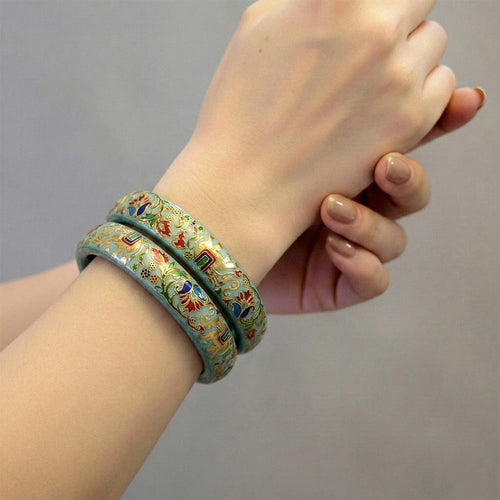 Artisan Teal Enamel Elephant & Floral Bangles - Hand-Painted Set - Madhues