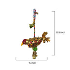 Decorative bird ornament with colorful beads and measurements on a white background