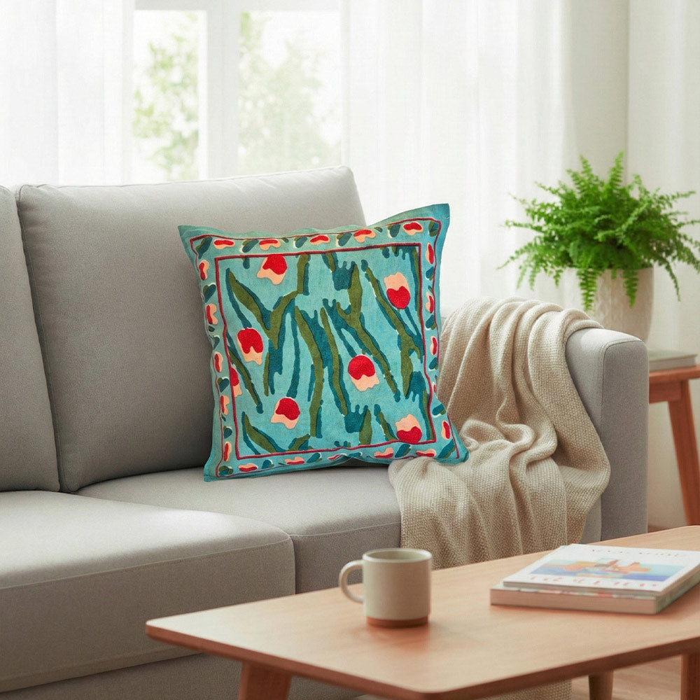 Teal Tulip Block Print Cushion Cover Set of 2 - Madhues