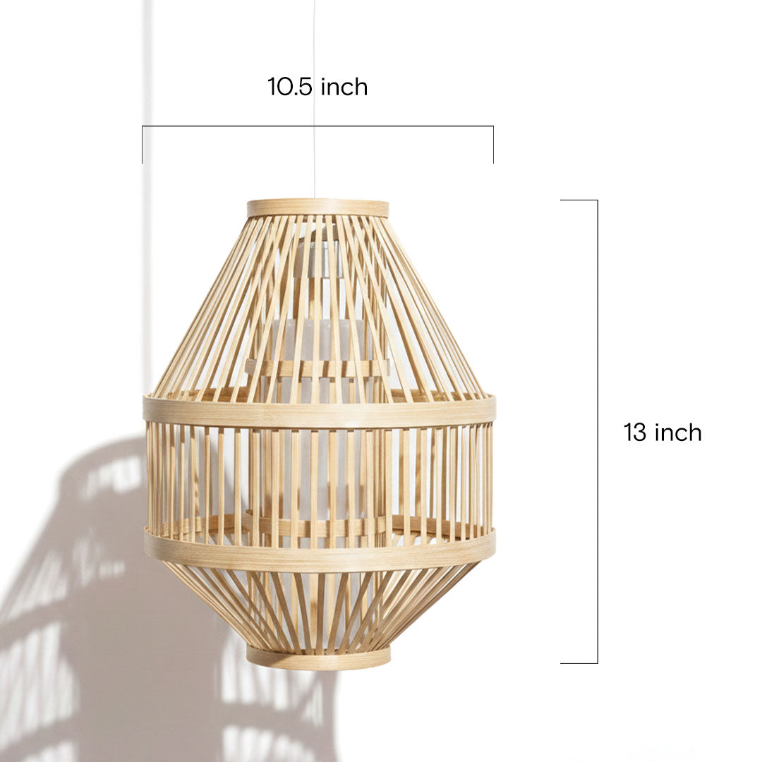 Woven pendant light with dimensions labeled on a white background