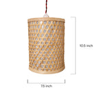 Woven rattan pendant light with dimensions on a white background