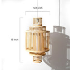 Wooden pendant light with dimensions labeled on a white background