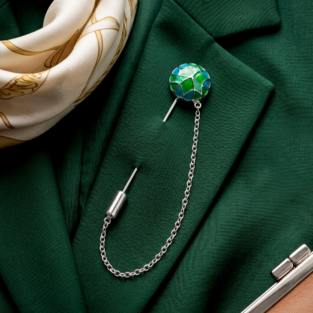 Handcrafted Mosaic Lapel Pin in Emerald Green and Azure Blue