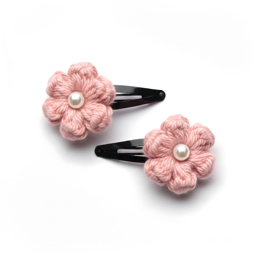 Charming Crocheted Flower Hair Clips - Pearl Accents