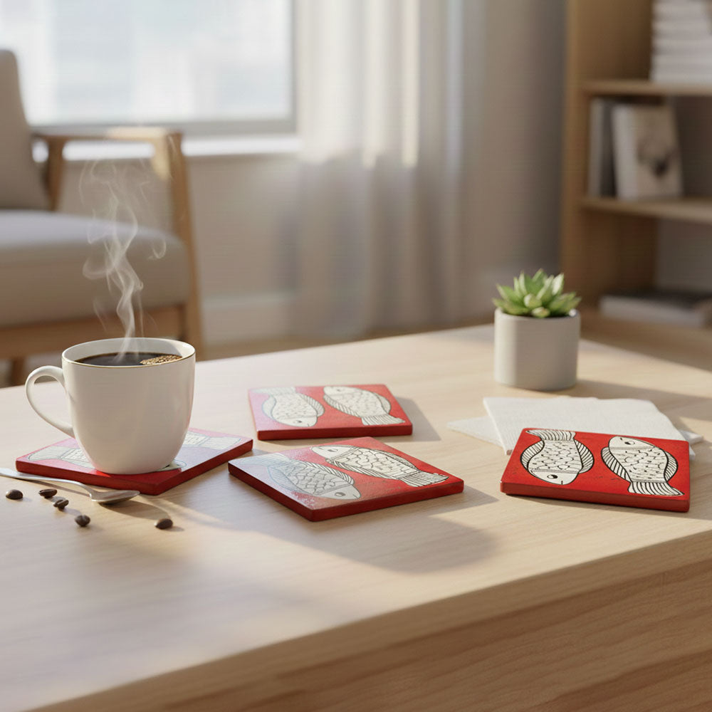 Pattachitra Dual Fish Coaster - Hand-Painted Red Art