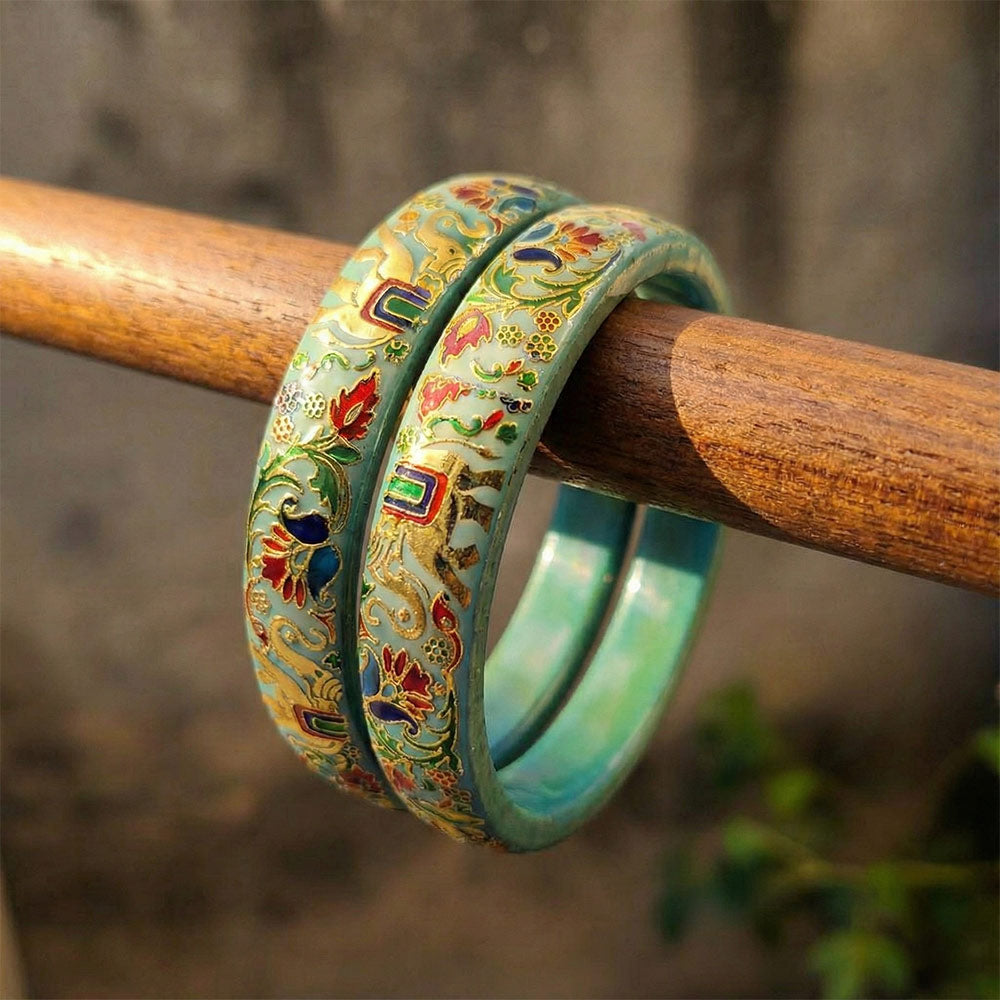 Artisan Teal Enamel Elephant & Floral Bangles - Hand-Painted Set - Madhues