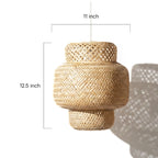 Woven pendant light with dimensions labeled on a white background