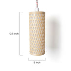 Woven cylindrical pendant light with dimensions on a white background
