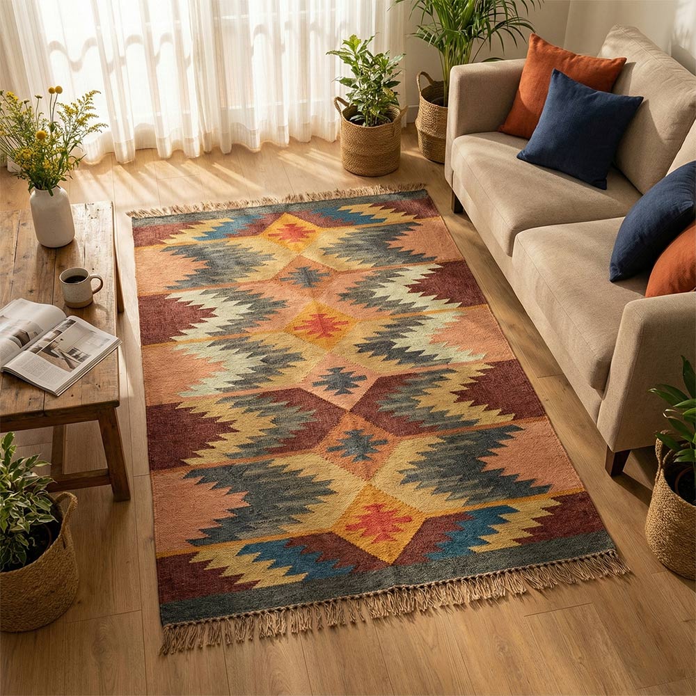 Artisan Hand-Woven Geometric Durrie Rug with Fringed Edges