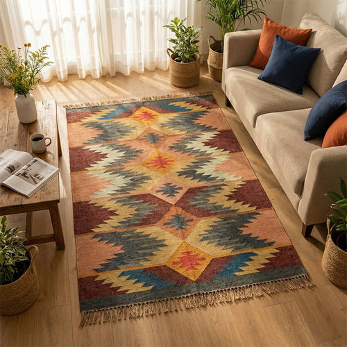 Artisan Hand-Woven Geometric Durrie Rug with Fringed Edges