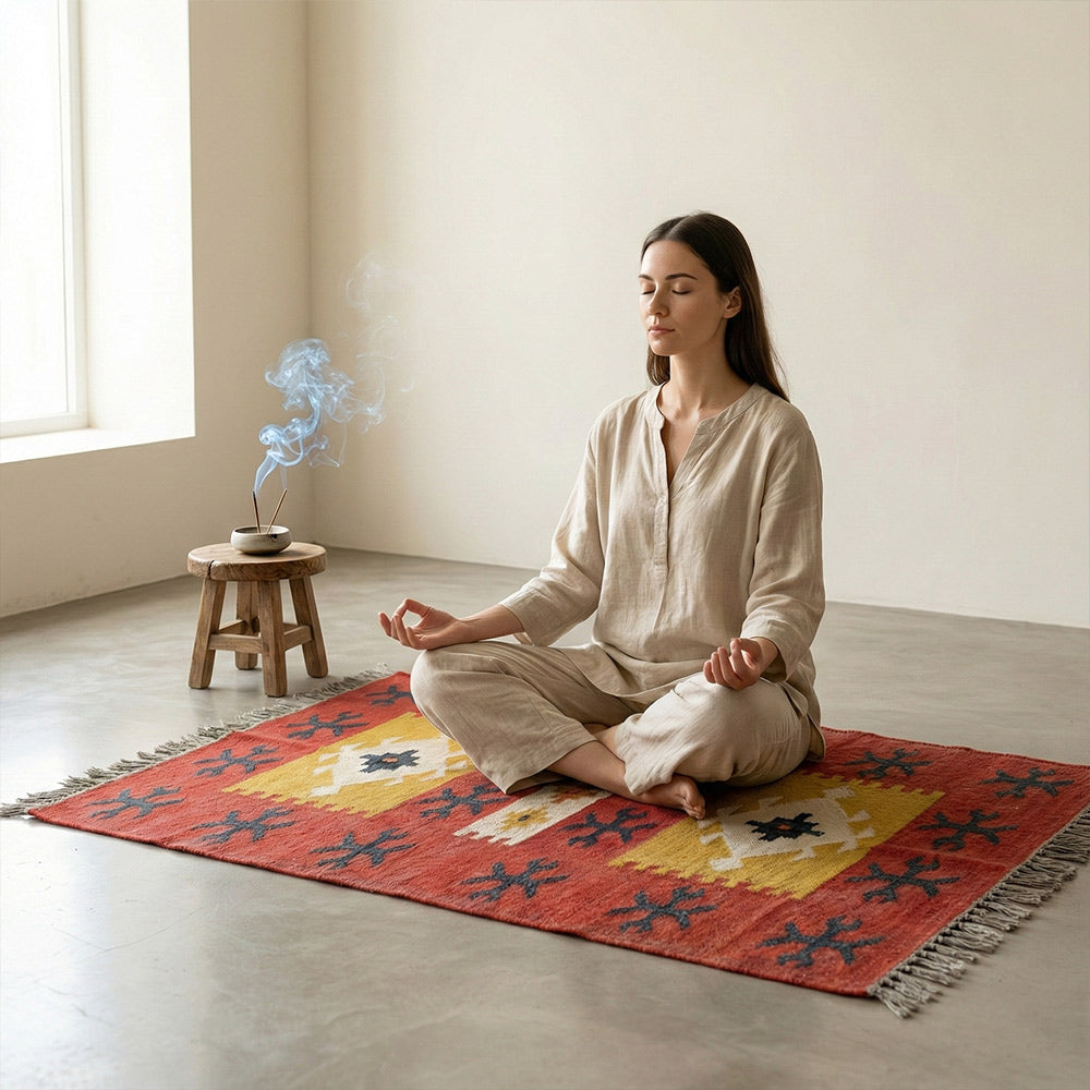 Handwoven Tribal Geometric Cotton Durrie Rug with Fringe