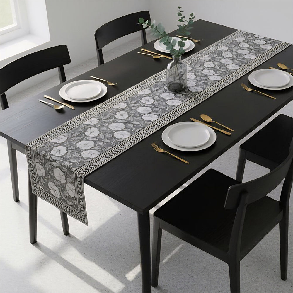 Artisan Block Printed Floral Table Runner - White & Grey