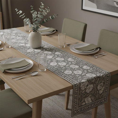 Artisan Block Printed Floral Table Runner - White & Grey