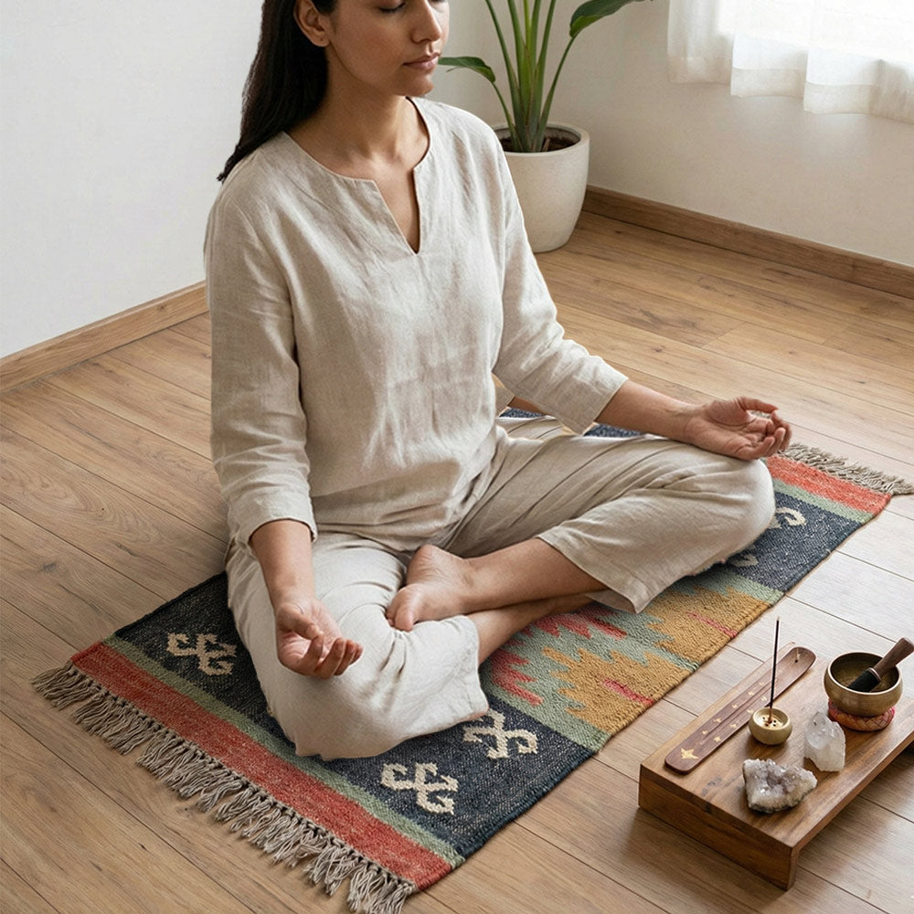 Handwoven Jute Puja Aasan Mat with Ethnic Design