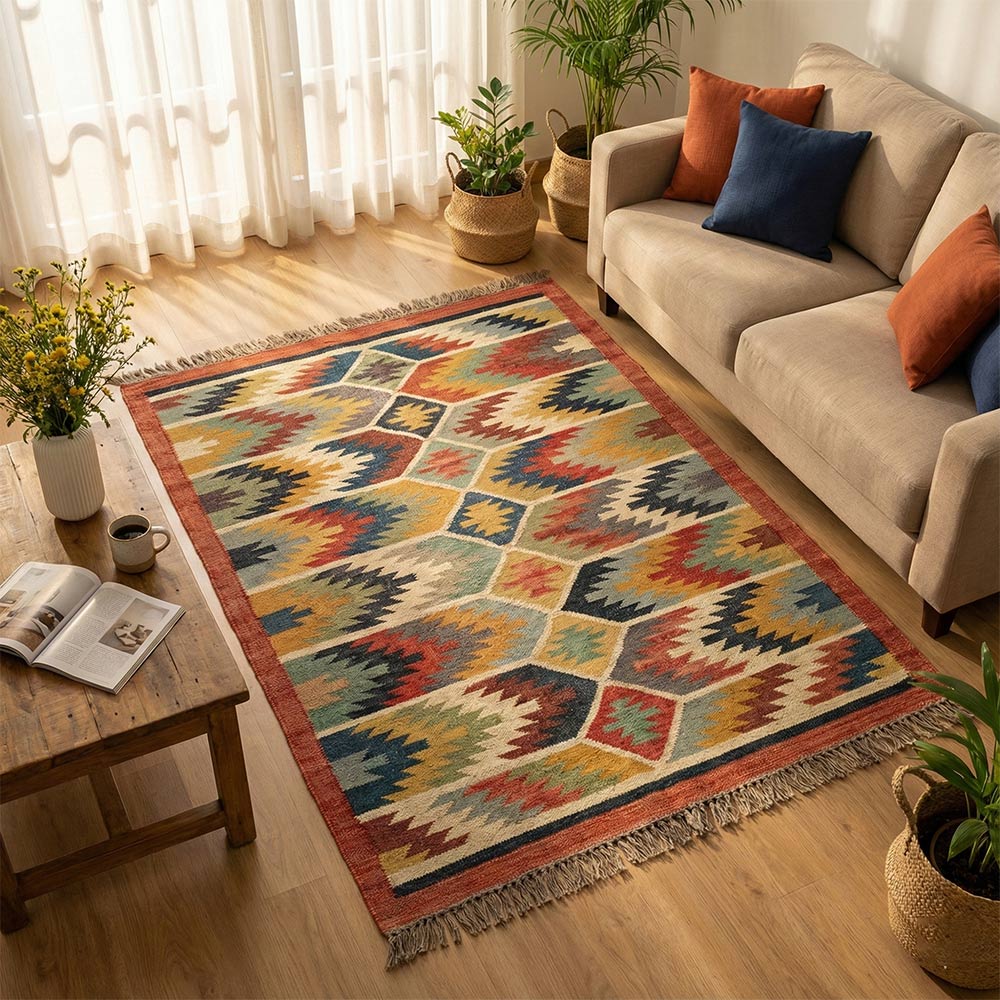 Handwoven Geometric Multi-Color Durrie Rug | Artisan Crafted