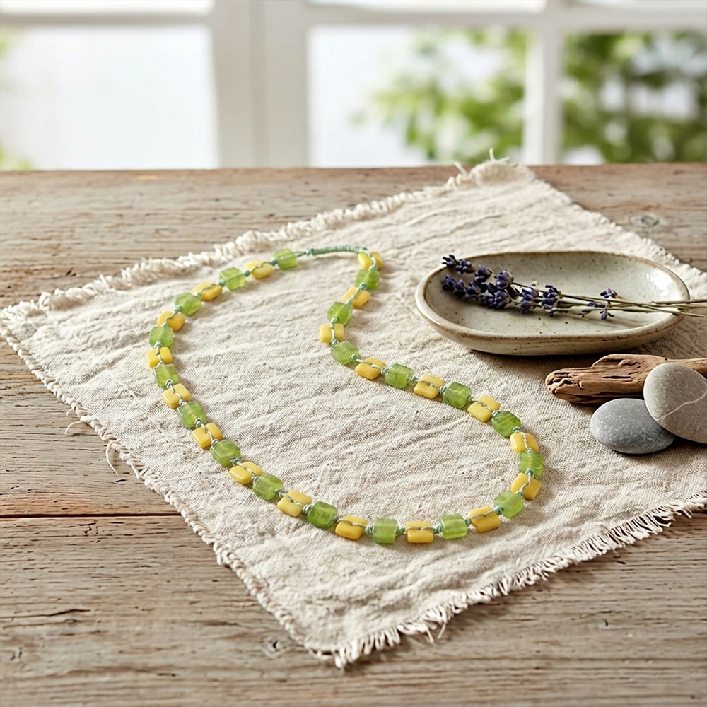 Pastel Yellow and Green Wood Bead Necklace