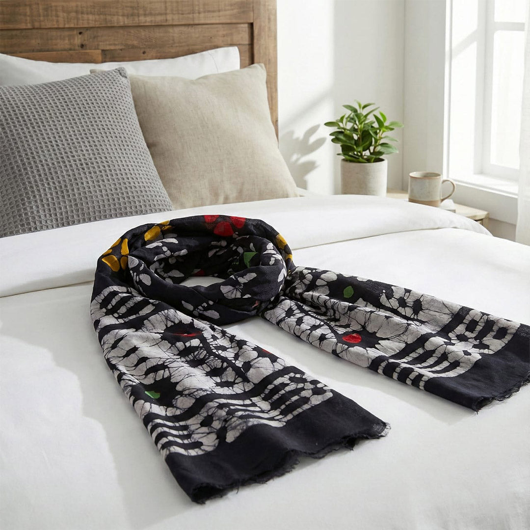 Block Printed Cotton Scarf - Black & White Floral Design