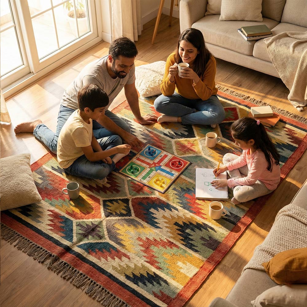 Handwoven Geometric Multi-Color Durrie Rug | Artisan Crafted