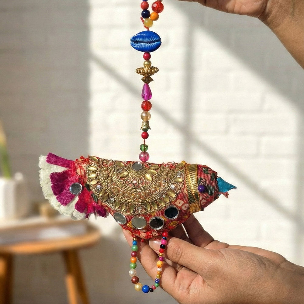 Vibrant Embroidered Mirrorwork Bird Hanging Decor - Madhues