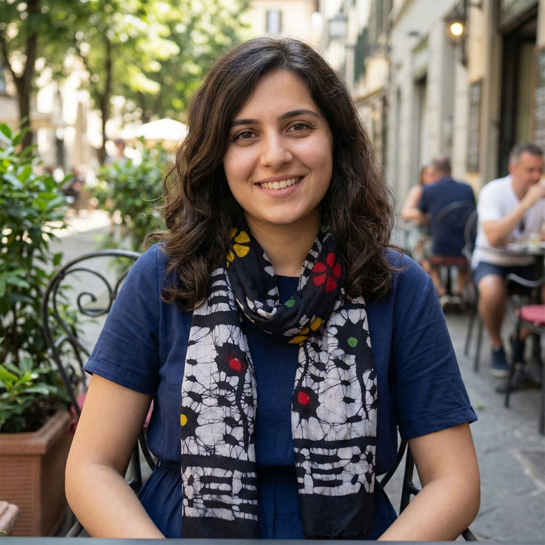 Block Printed Cotton Scarf - Black & White Floral Design