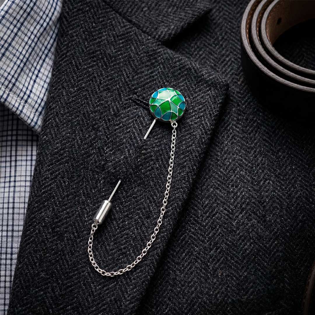 Handcrafted Mosaic Lapel Pin in Emerald Green and Azure Blue