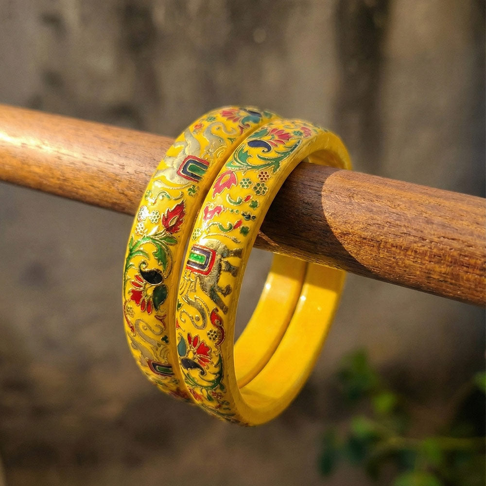 Vibrant Yellow Hand-Painted Lacquer Bangle Set with Elephant & Floral Motifs - Madhues