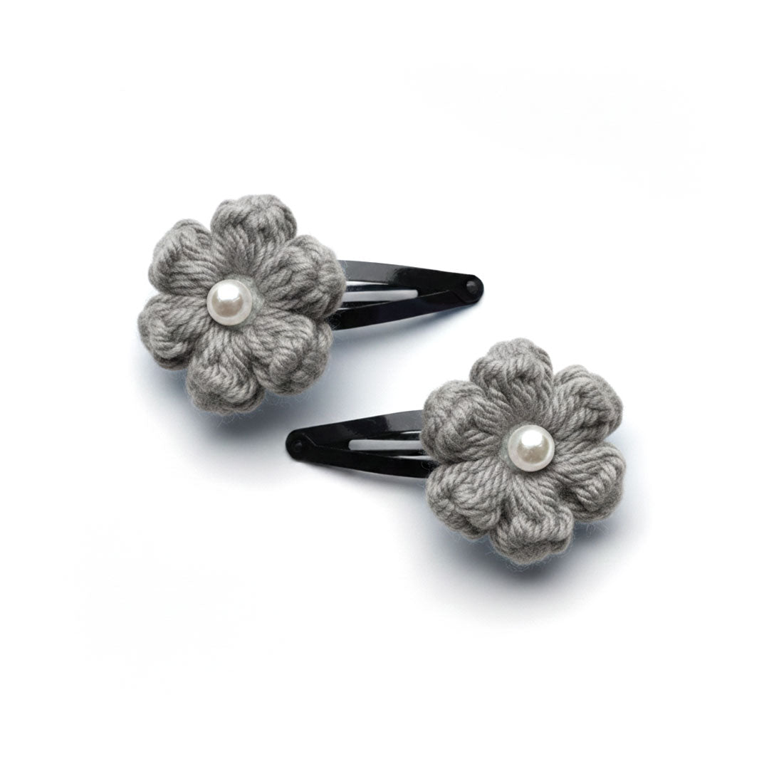 Charming Crocheted Flower Hair Clips - Pearl Accents