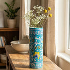 Aqua Floral Tall Blue Pottery Cylinder Vase