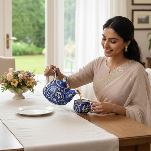 Woman in a beige saree pouring tea from a blue teapot into a cup at a table with a floral arrangement.