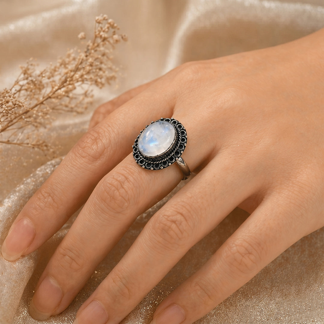 Handcrafted Moonstone Statement Ring with Ornate Silver Detailing