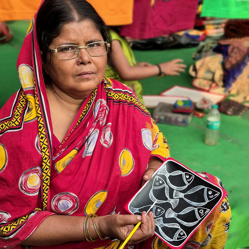 Pattachitra Dual Fish Coaster - Hand-Painted Red Art