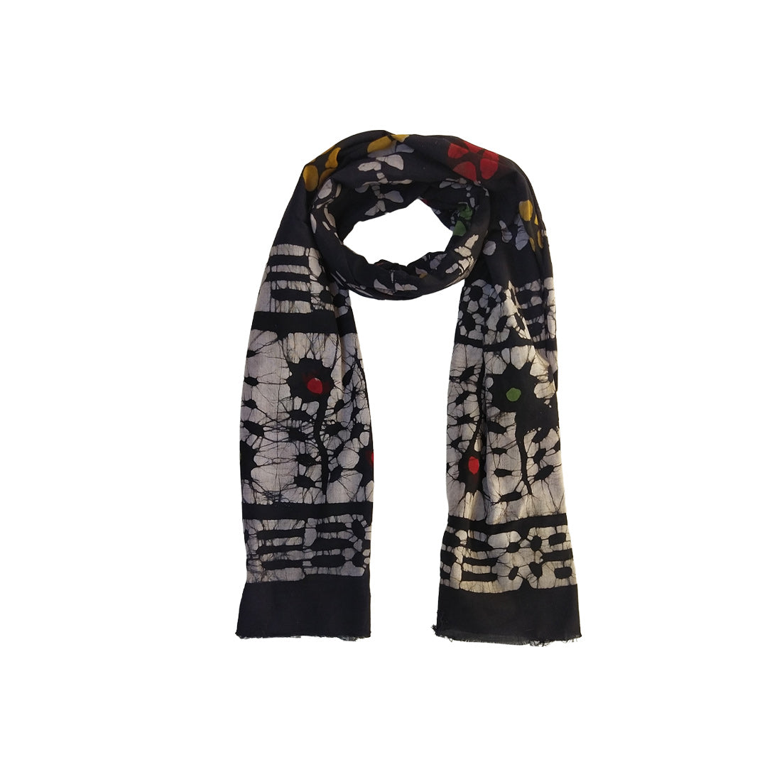 Block Printed Cotton Scarf - Black & White Floral Design