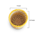 Woven basket with yellow rim and dimensions labeled on a white background