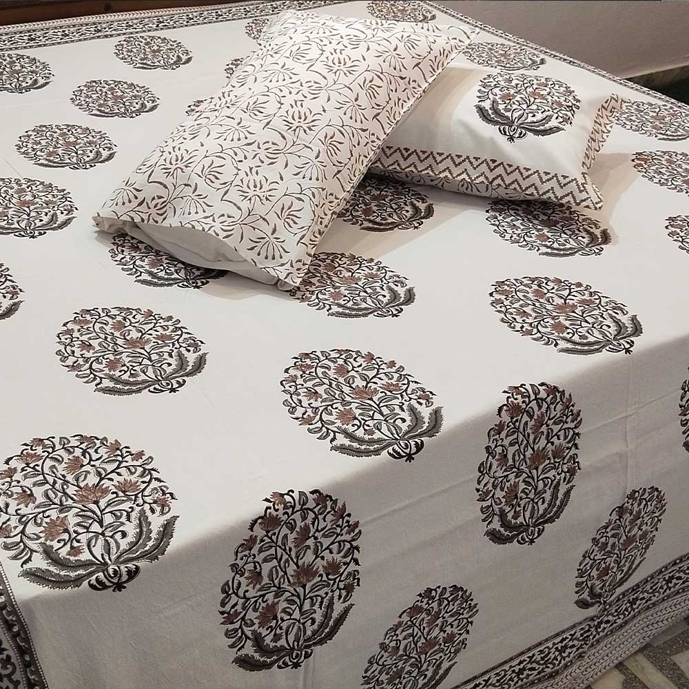 Desert Bloom Bagru Block Print Cotton Bedsheet Set - Madhues