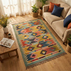 Colorful patterned rug on a wooden floor with a couch and coffee table in the background.