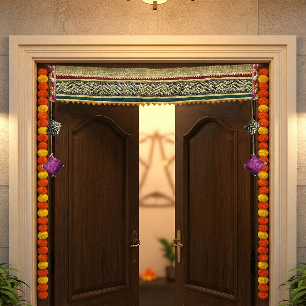 Opulent Scalloped Gold Zari Net Lace Toran with Jewel-Tone Border - Madhues