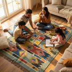 Family playing a board game together on a colorful rug 